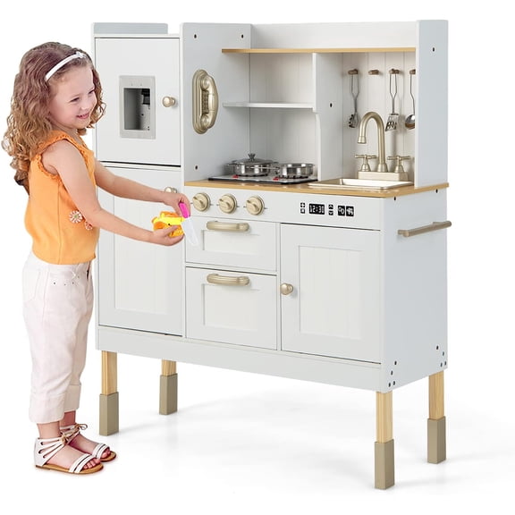 OLAKIDS Kid Kitchen Playset, Toddler Wooden Pretend Cooking Set with Realistic Light & Sound, Stove, Sink, Microwave, Storage Cabinet,Pretend Play Kitchen Toy Set for Children Boys Girls