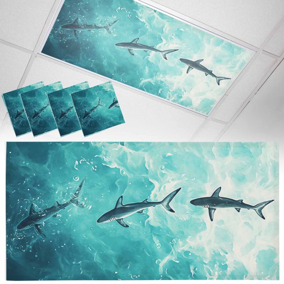4 Pack Magnetic Fluorescent Light Covers, 2x4 Ft,Summer Ocean Waves Blue Shark Watercolor Animal Magnetic Light Covers for Ceiling Lights Classroom Office Home Decor