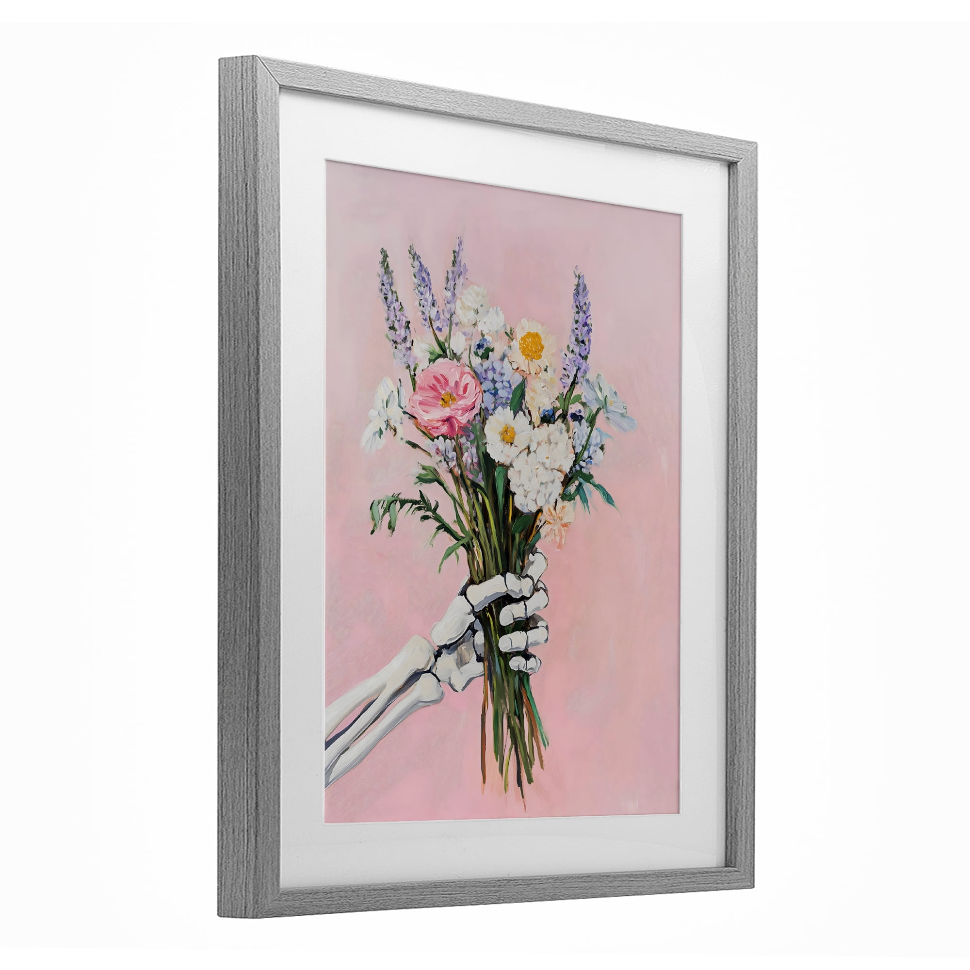 Stupell Industries Skeleton Hand Holding Flowers Gray Framed Print Under Glass, design by The Prints Vibe