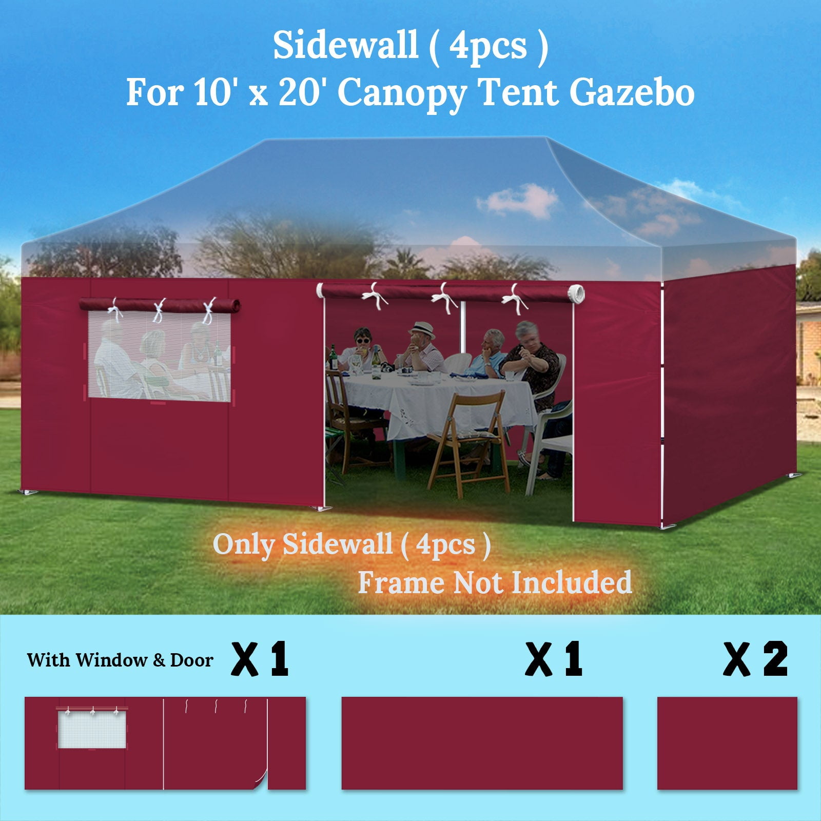 SOLAXO 19.7'x6.54' Canopy Sidewall ONLY for 10'x20' Pop Up Canopy Party Tent with Zipper Door, 4 Pack, Burgundy