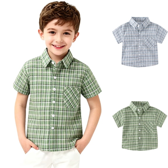 LIBRCLO Toddler Button Down Shirts for Boys Size 3 Years with Pocket Short Sleeve Plaid Shirts Casual Fashion Shirt Green