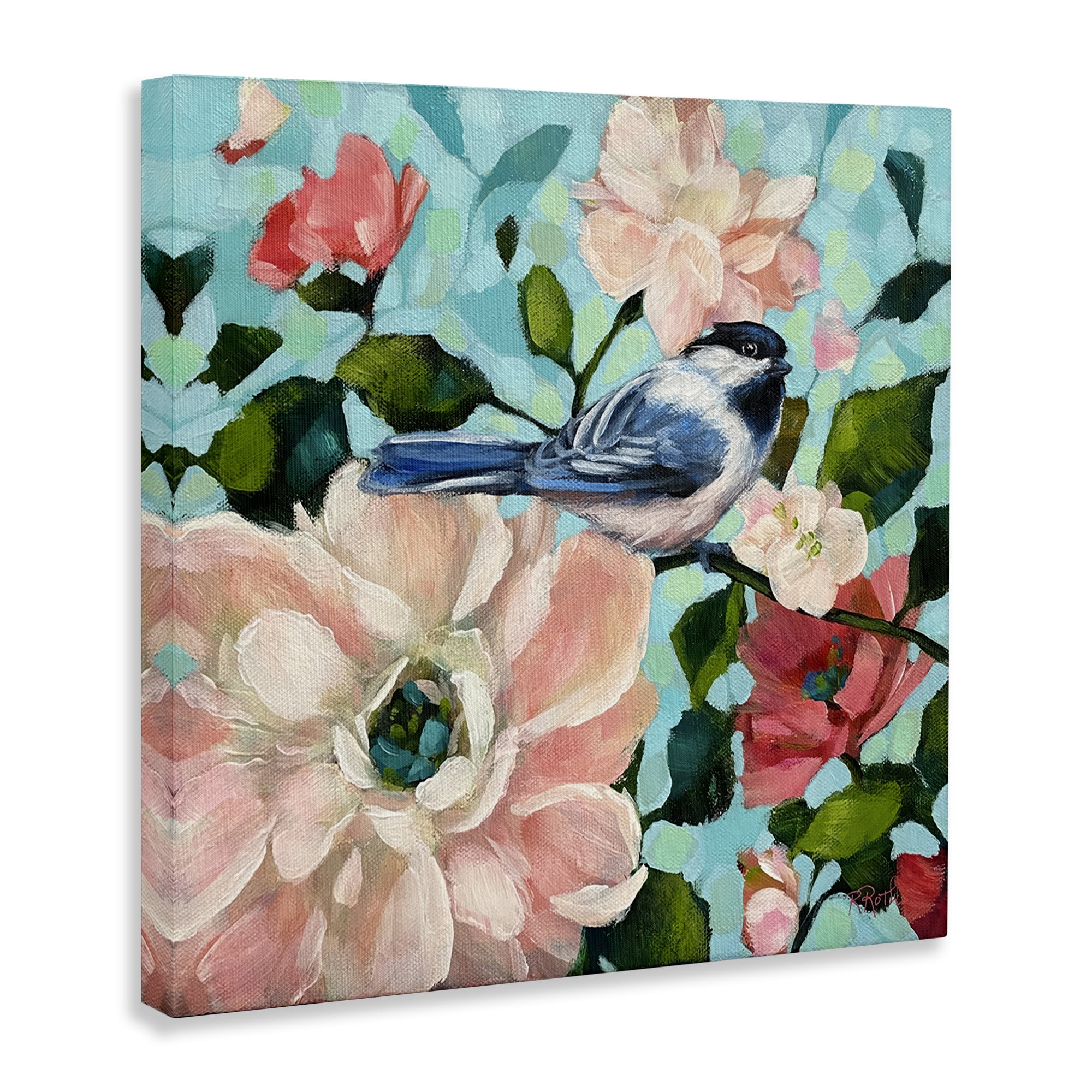 Stupell Industries Blue Bird & Bold Flowers Plants & Flowers Painting Wrapped Canvas Art Print Wall Art, 30 x 30