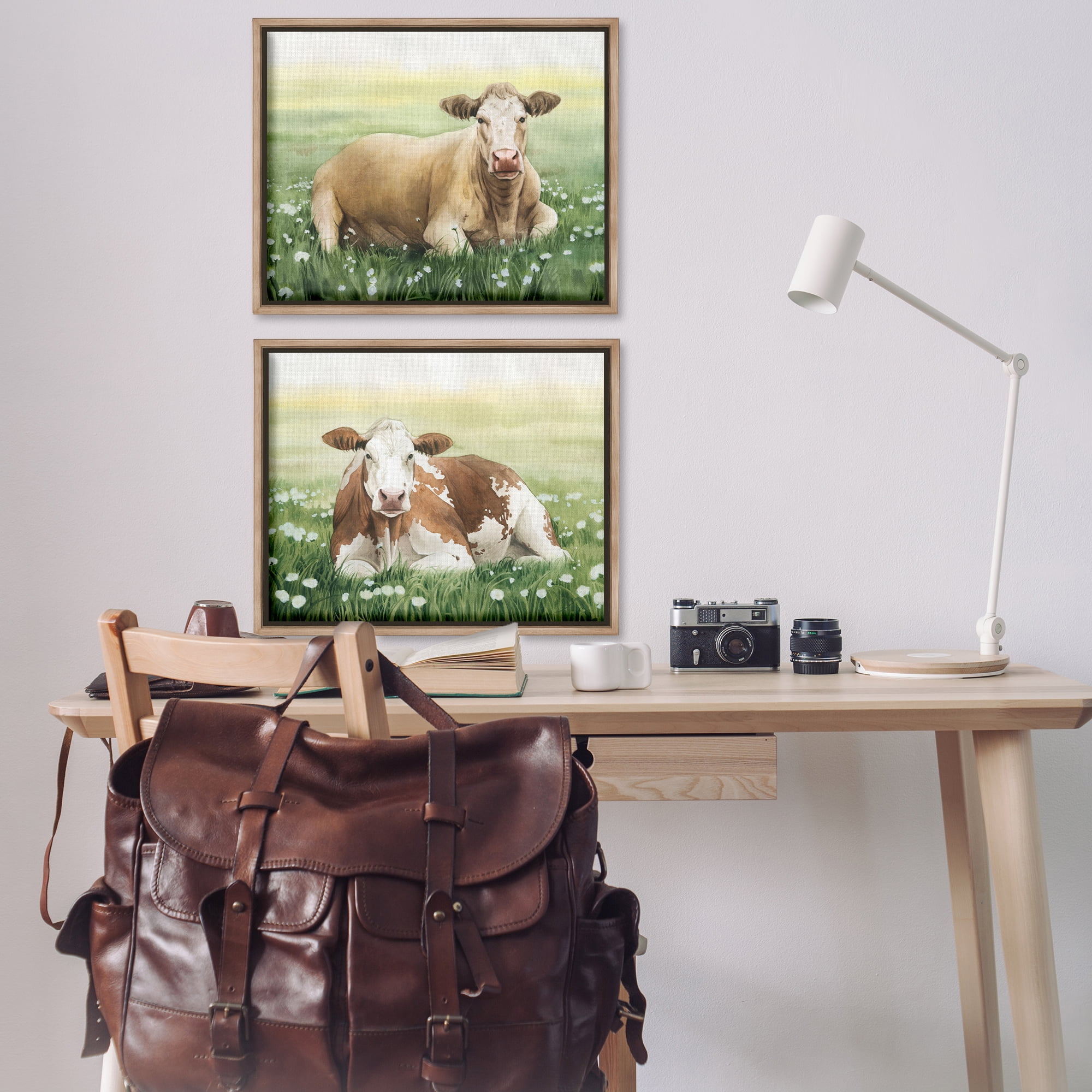 Stupell Industries Cows Resting in Flower Field Animals Painting Brown Floater Framed Canvas Art Print Wall Art, 31 x 25, Set of 2