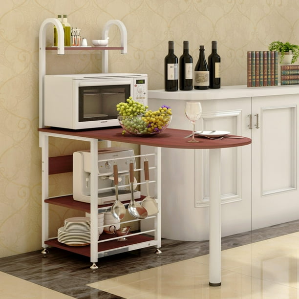 SINGES Dining Table Cum Bar Counter, Microwave Oven Cooking Stand, Multi-function Storage Shelf with Wood Table, 4-Tier Metal Utility Storage Counter, ...