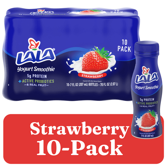 LALA Probiotic Protein Yogurt Smoothie Drink, Low Fat, Strawberry, 7 oz Plastic Bottle (10 Ct)