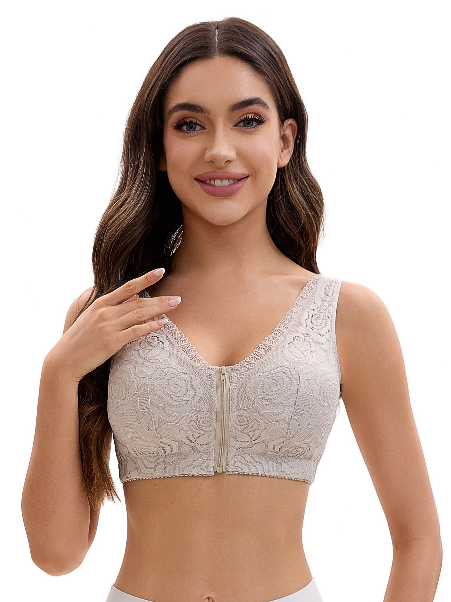 Unique Bargains Women's Lace Zip Front Closure Wirefree Wide Straps Bras D 48 Green