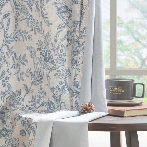 Blue Floral Lined Curtains Farmhouse Linen 84 Inches Length Back Tab Drapes for Living Room Bedroom Flower Patterned Country Vintage 2 Panels Set Rod Pocket Green on Beige