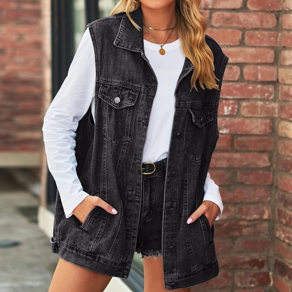 Woman Denim Vest Fashion Medium Long Coat Turn Down Collar Coat Sleeveless Denim Jacket Sleeveless Jackets Duster Trench Coat Women Long down Vest Women Vest Womens Women Fall Coat Plaid Vest Women