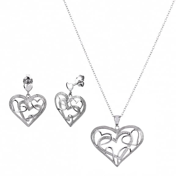 Sterling Silver Heart Drop & Dangle Earrings and Pendant Necklace Set