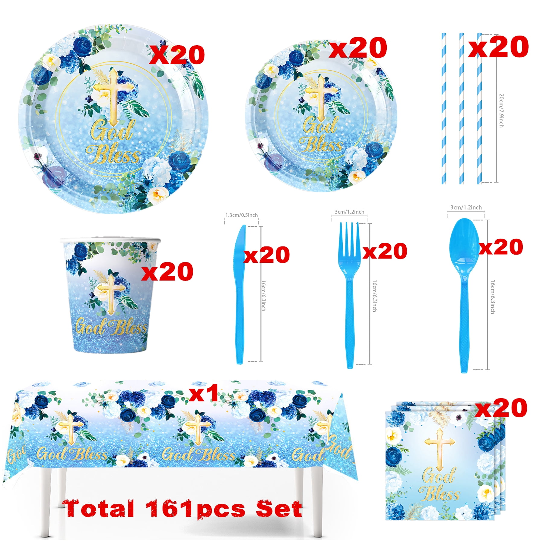 161 Pcs Blue God Bless Tableware Set, Baptism First Holy Communion Party Decorations Supplies for Newborn Baby Shower, Baptism Church Cross White Floral, Serves 20 Guests