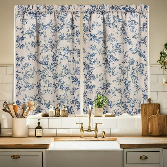 Farmhouse Kitchen Curtains 36 Inch Length Country Floral Window Curtain Over Sink Rustic Small Short Tier for Bathroom Cafe Rod Pocket (2 Panels, 27.5" W x 36" L)