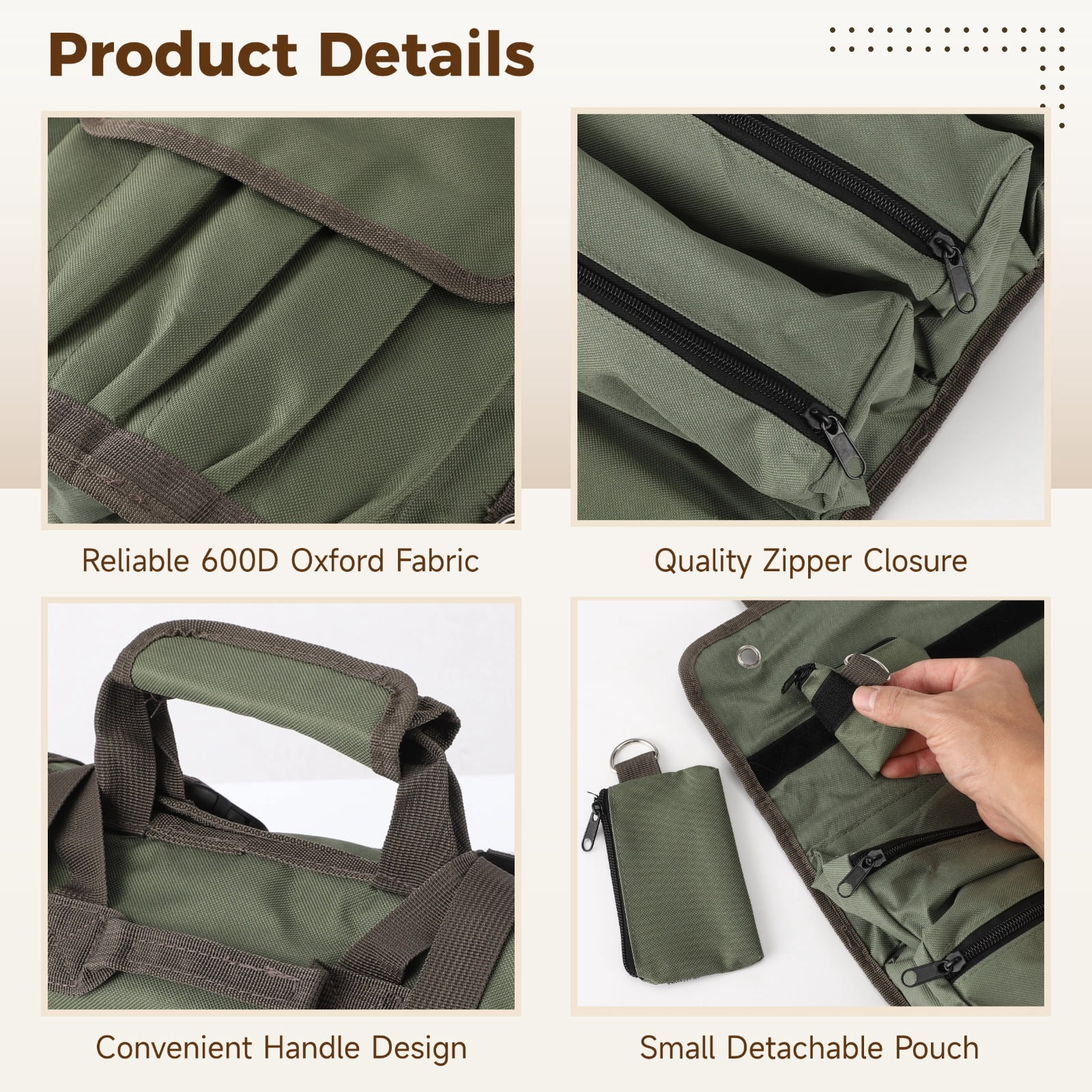 600D Oxford Roll Up Tool Bag, Heavy Duty Tool Roll Organizer with 4 Fixed Large Compartments, 2 Detachable Pouches, 5 Pockets, Portable Toolbag for Electrician, Mechanic
