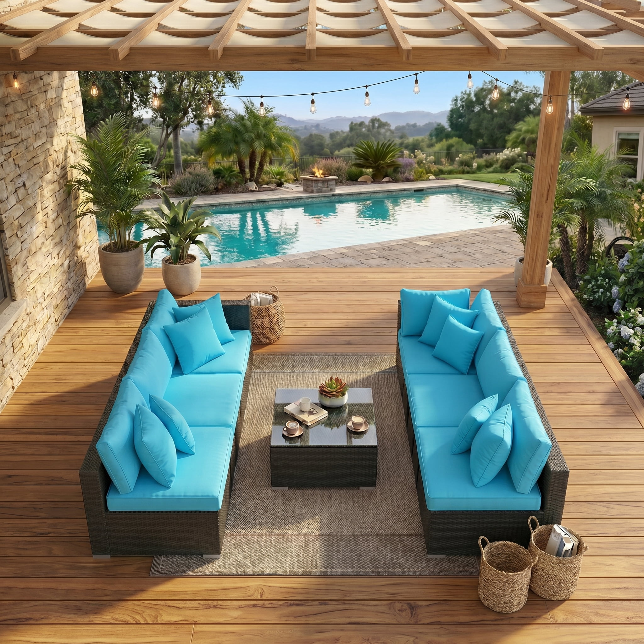 Howcool 7-Piece Modular Outdoor Patio Furniture Set with Cushions and Tempered Glass Table