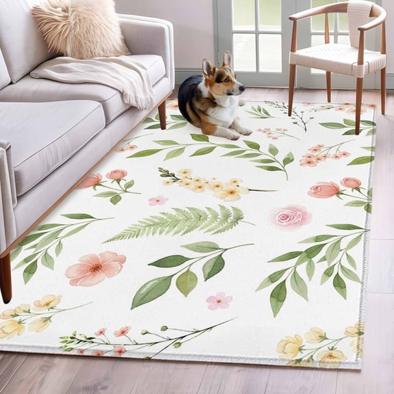 Pink Green Botanical Area Rugs 3'x5', Washable Small Throw Rugs for Living Room Bedroom, Spring Watercolor Floral Leaf Plant Indoor Outdoor Rug Non-Slip Low Pile Carpet Runner Reversible Floor Mats