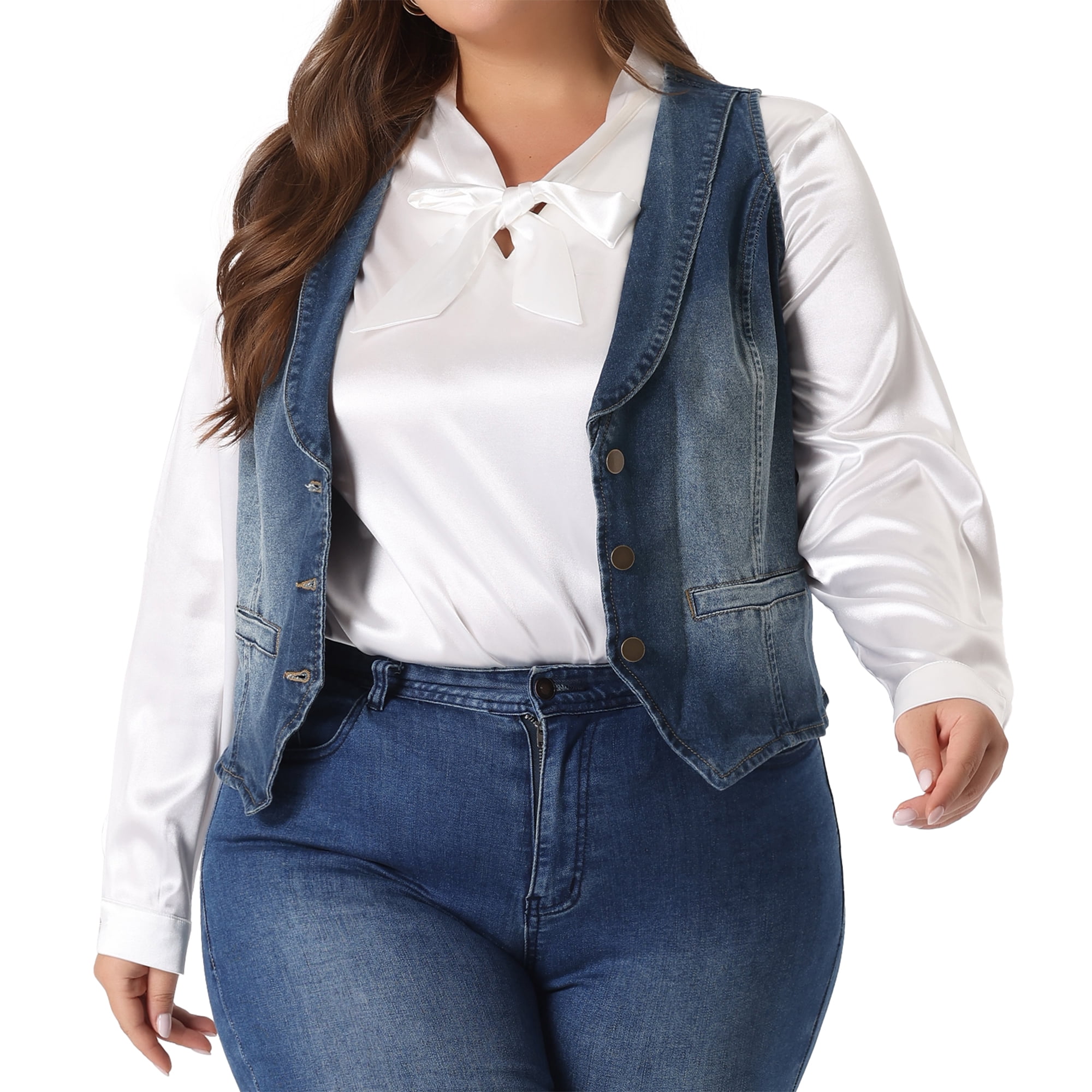 DARING DIVA Women's Plus Size Button Down Waistcoat Denim Vest 4X Dark Blue
