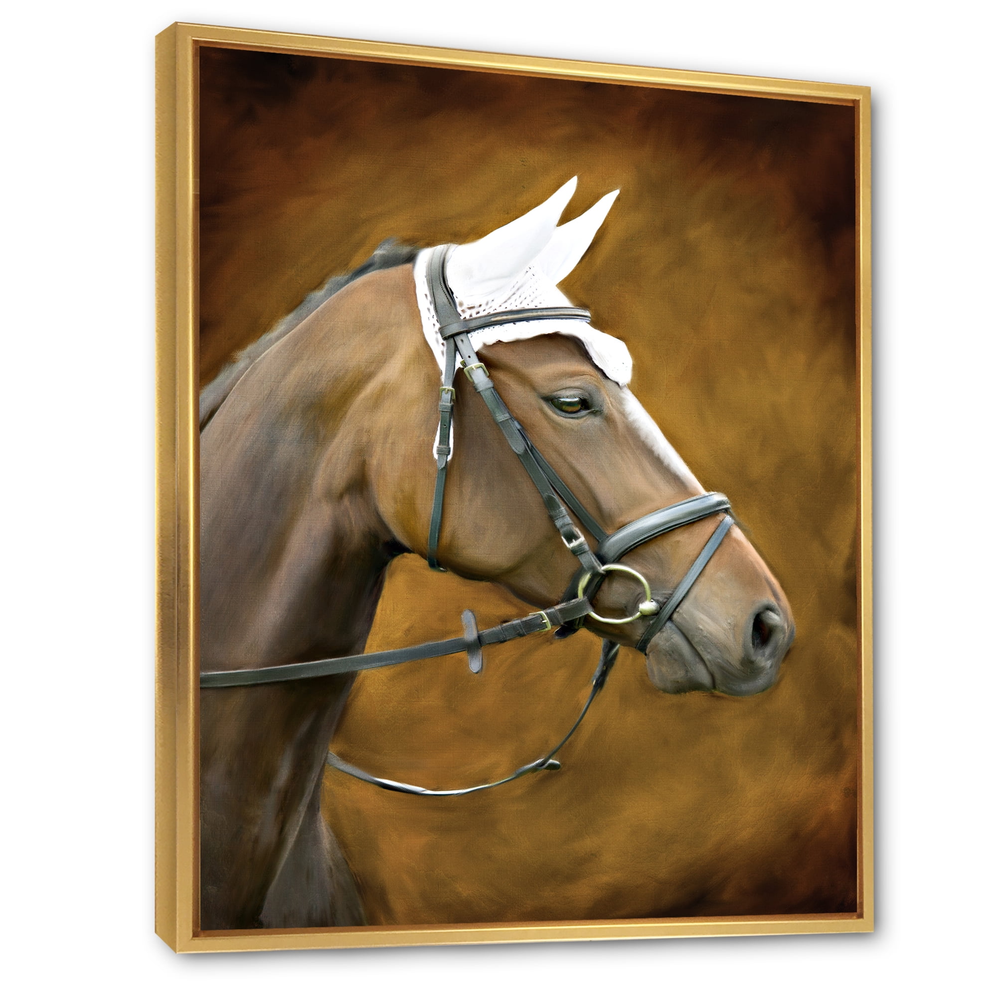 Close Up Portrait Of Brown Horse With White Ears 24 in x 32 in Framed Painting Canvas Art Print, by Designart