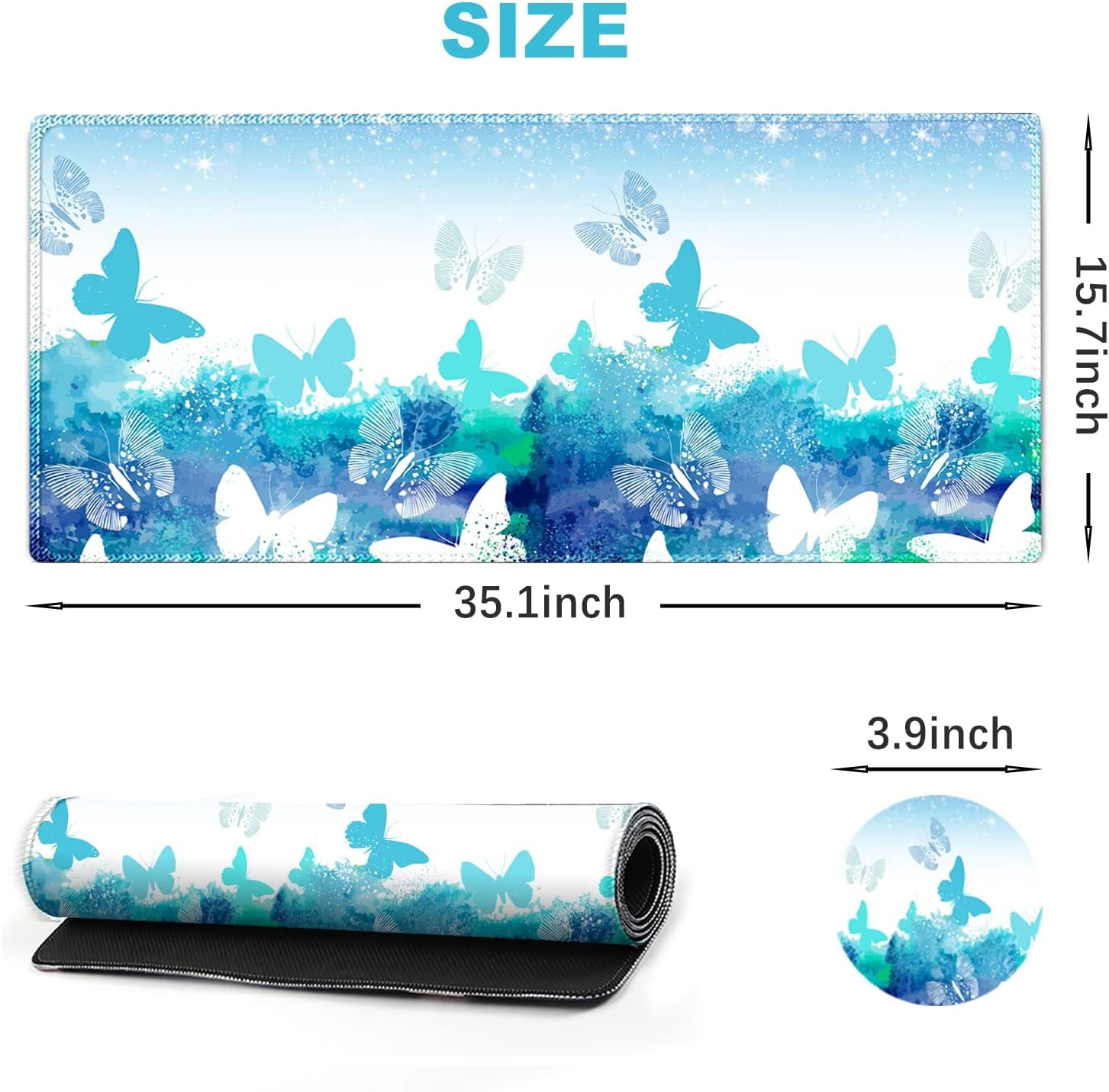 Large Gaming Mouse Pad with Stitched Edges, XXL Extended Keyboard Mat Long Mousepad Desk Decor Writing Pad 35.1x15.7 in, Non-Slip Base for Work, Game, Office, Home, Blue Butterfly