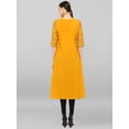 thumbnail image 6 of Janasya Indian Mustard Poly Crepe Gold Print A-line 3\4 Sleeves Round Neck Calf Length Kurta for Women, 6 of 8