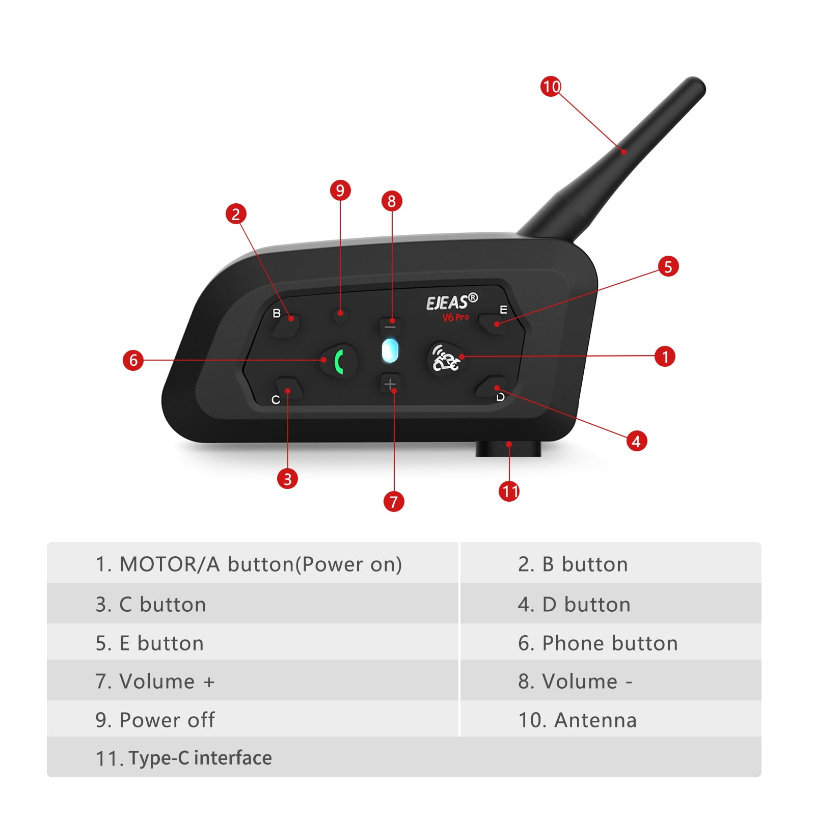 EJEAS V6 Bluetooth Motorcycle Helmet Intercom Headset 1200M 850mAh Motorbike Interphone Headphone 6 Riders for Riding(Dual)