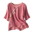 thumbnail image 2 of Wooowa Women 3/4 Sleeve Cotton Linen Blouses Retro Chinese Button Tops Floral Embroidered Shirts Mandarin Collar T Shirt, 2 of 5