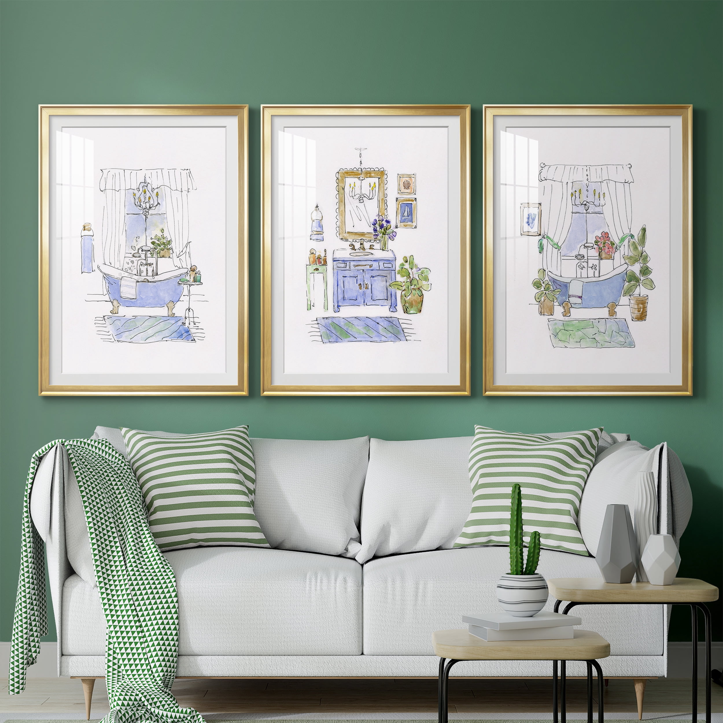 Sketchy Bath I Premium Framed Prints Set of 3 - Ready to Hang - 26.5 x 36.5 Each - Gold Frame