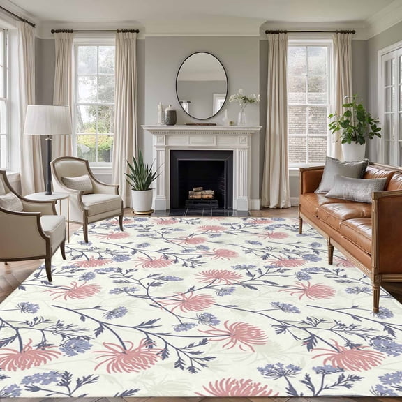 5'x7' Area Rugs for Living Room Bedroom, Red Blue Spring Floral Washable Rug Carpet Runner Indoor Outdoor, Flowers Leaves Pastoral Botanical Non Slip Floor Mats Area Rug for Kitchen, Nursery
