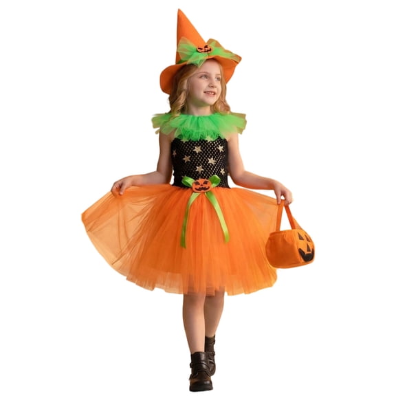 Glisme Big Girls Dress Star Print Sleeveless Crew Neck With Cute Witch Hat And Candy Pack Halloween Pumpkin Girls Dresses