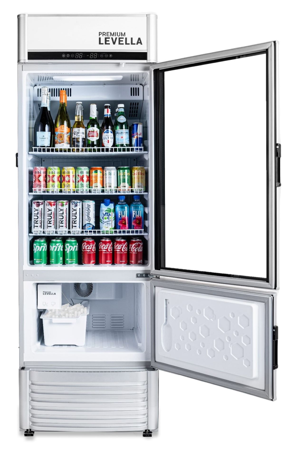 Premium Levella PRFIM1256DX Single Glass Door Merchandiser Refrigerator-Freezer with Automatic Ice Maker Display Beverage Cooler-12.5 cu ft-Silver