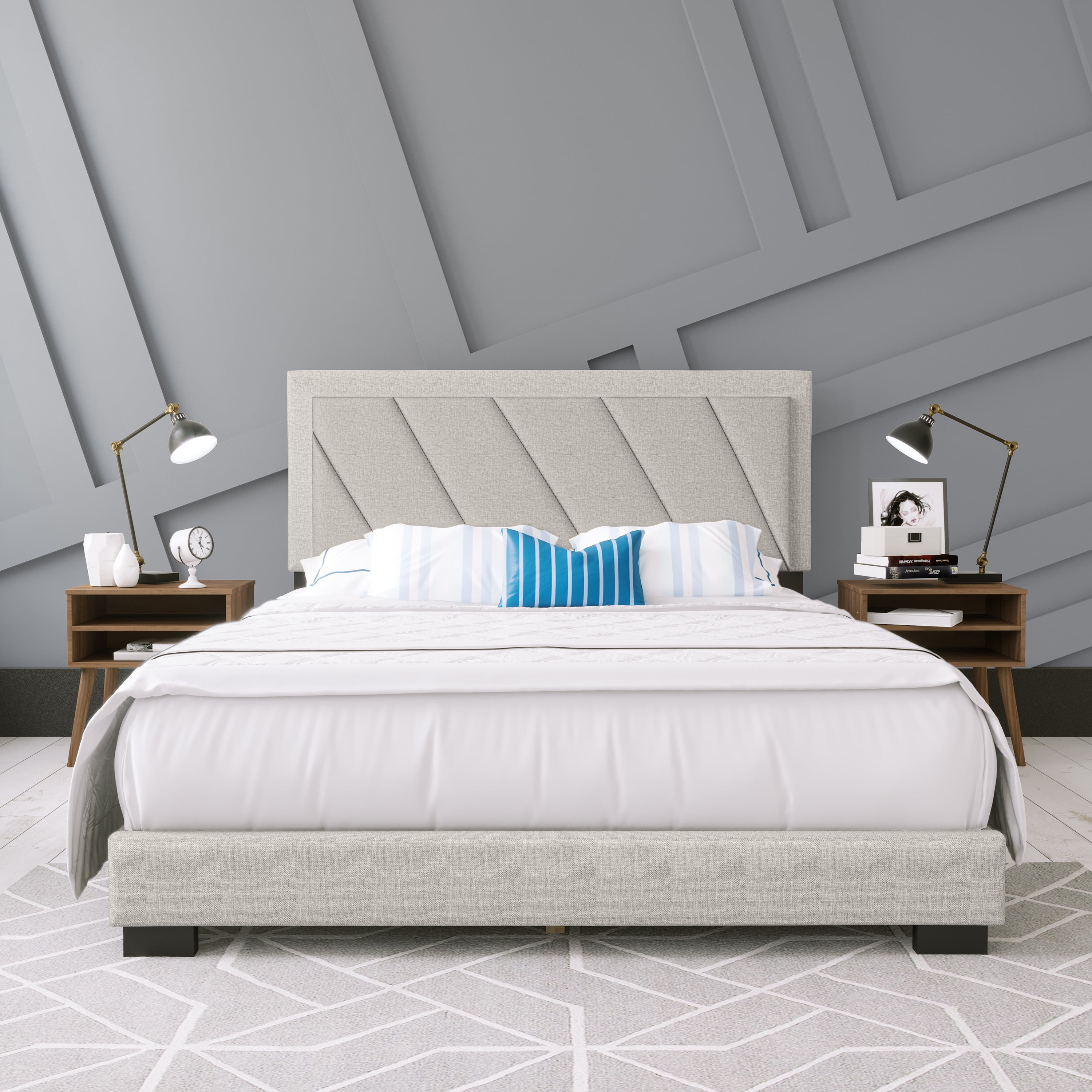 Boyd Sleep Diagonal Upholstered Linen Platform Bed, King, Beige