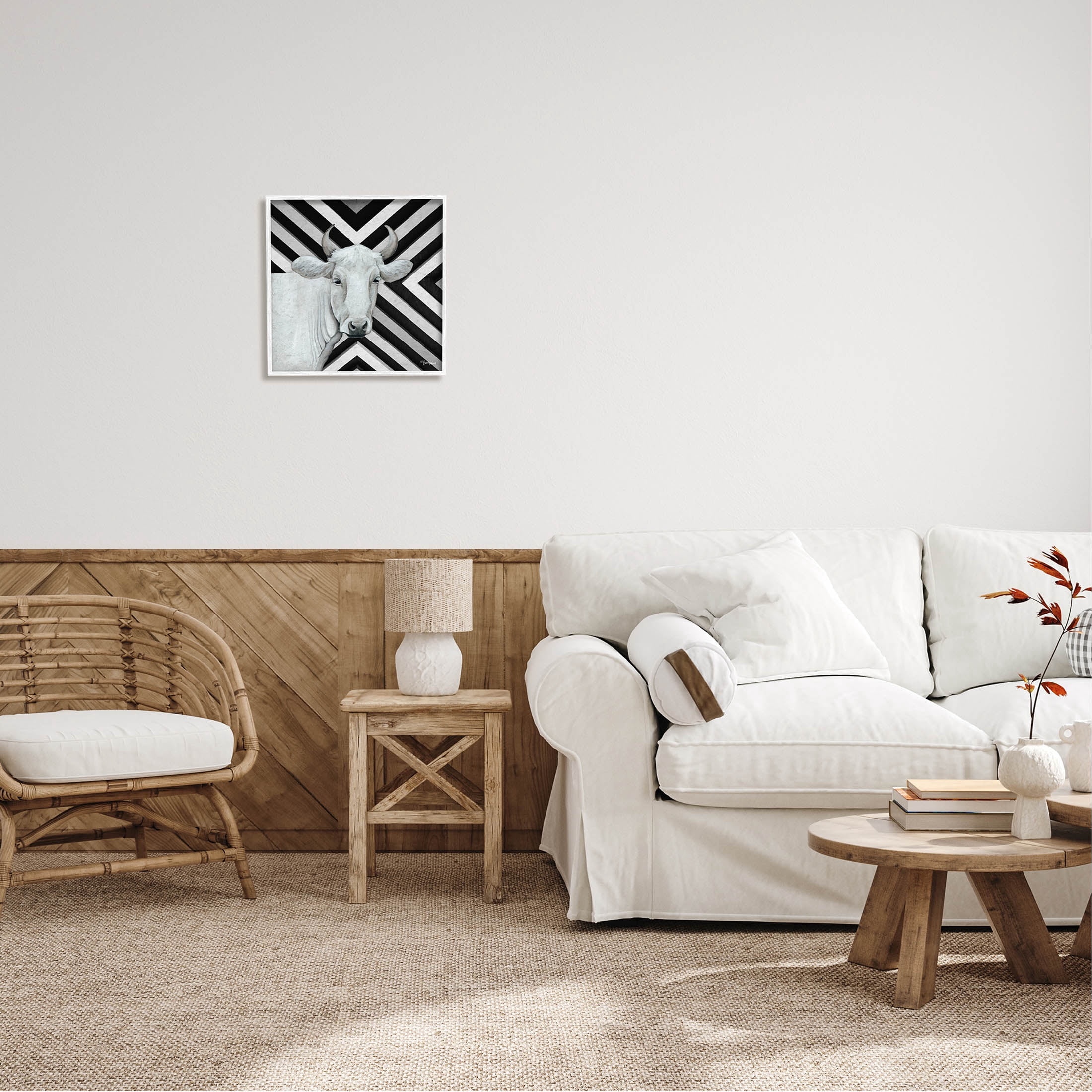 White Cattle Chevron Stripes Animals & Insects Graphic Art White Framed Art Print Wall Art