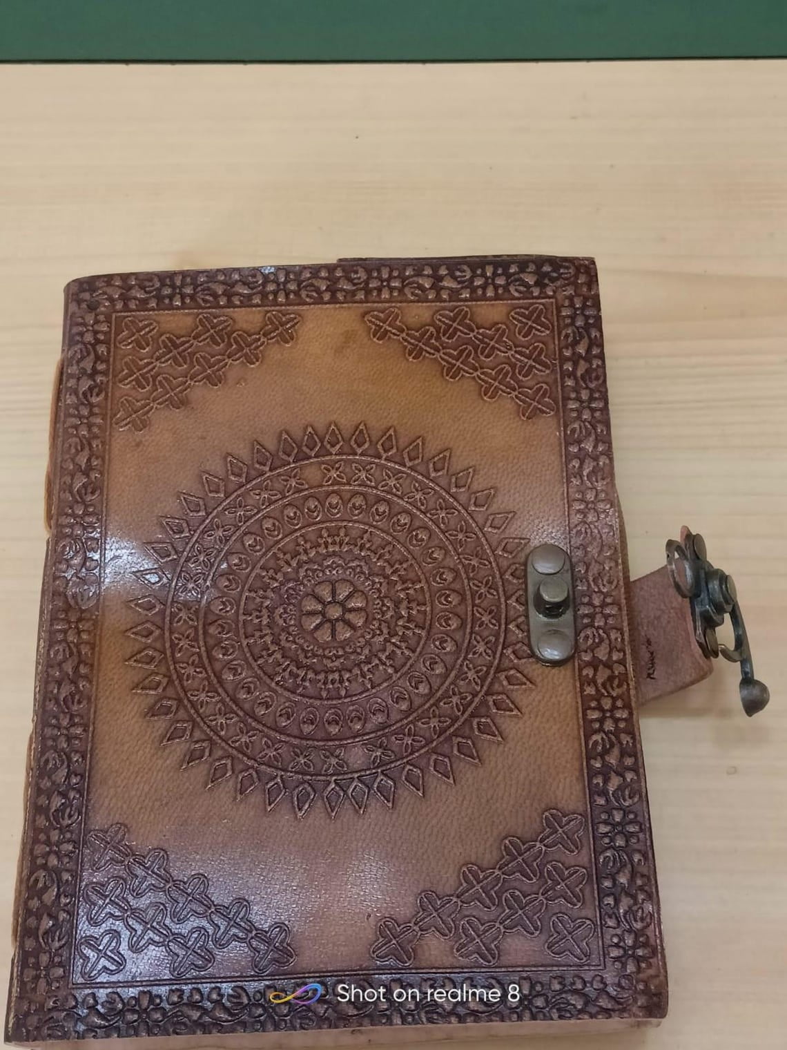 Hand Embossed Leather Journal Mandala Design with Brass Clasp, Tan Boho Notebook, Handmade Diary