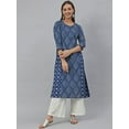 thumbnail image 3 of Janasya Indian Women's Blue Cotton Block Print Flared 3/4 Sleeve Round Neck Kurta, 3 of 7