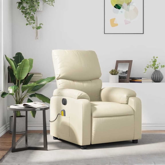 vidaXL Cream Faux Leather 6-Point Massage Recliner Chair for Living Room, Adjustable Back & Footrest
