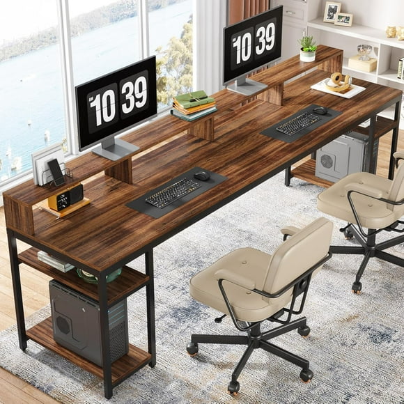 Tribesigns Two Person Desk with Monitor Stand, 78.74" Long Double Computer Office Desk with Storage Shelves, Large Gaming Desk Study Writing Table Workstation for Home Office (Rustic Brown)