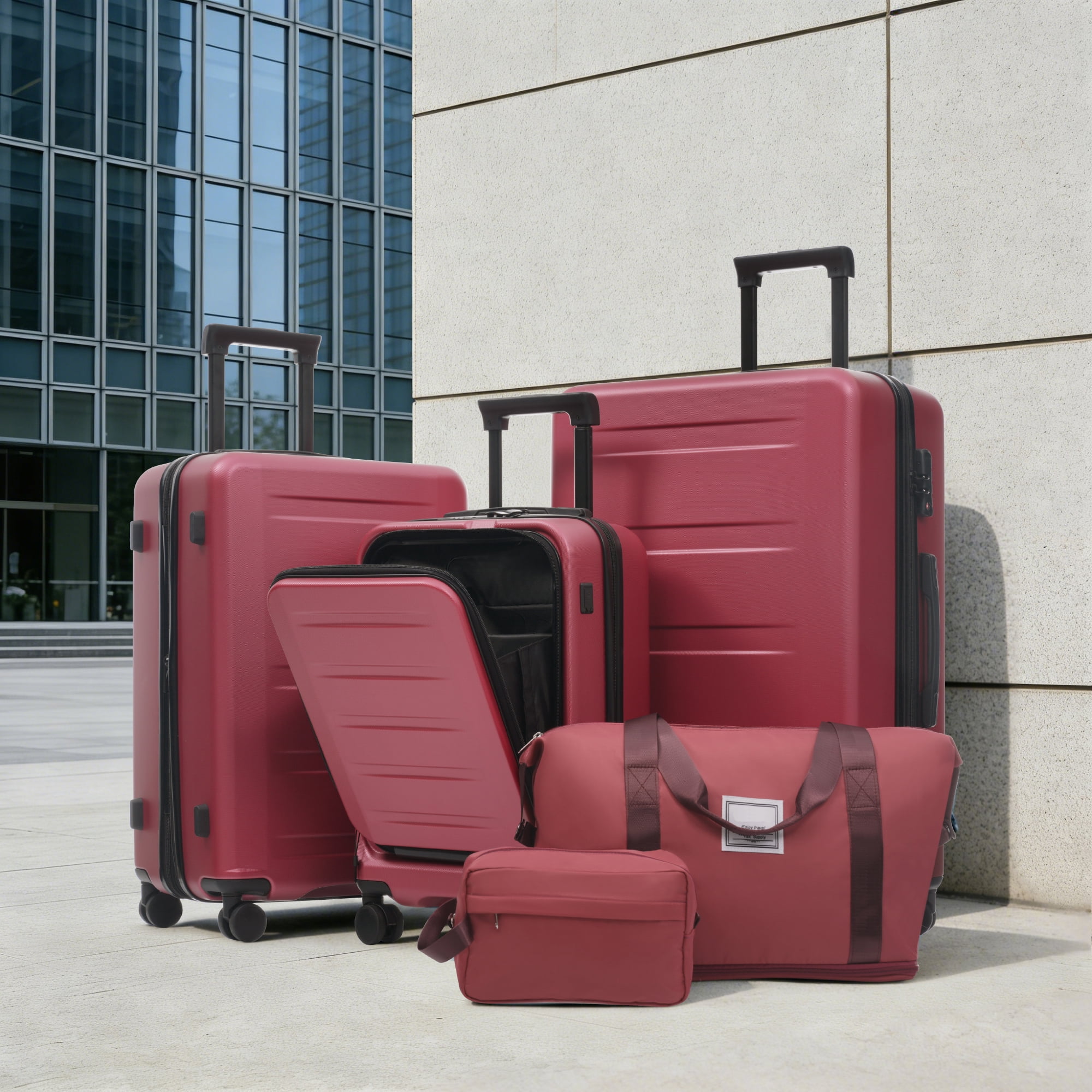 Euroco 5 Piece Front Opening Luggage Sets, Hardside Expandable Carry On Suitcase Set with USB Port,TSA Locks, Spinner Wheels and 2 Bags,Lightweight Travel Luggage for Men Women(20"/24"/28"),Red