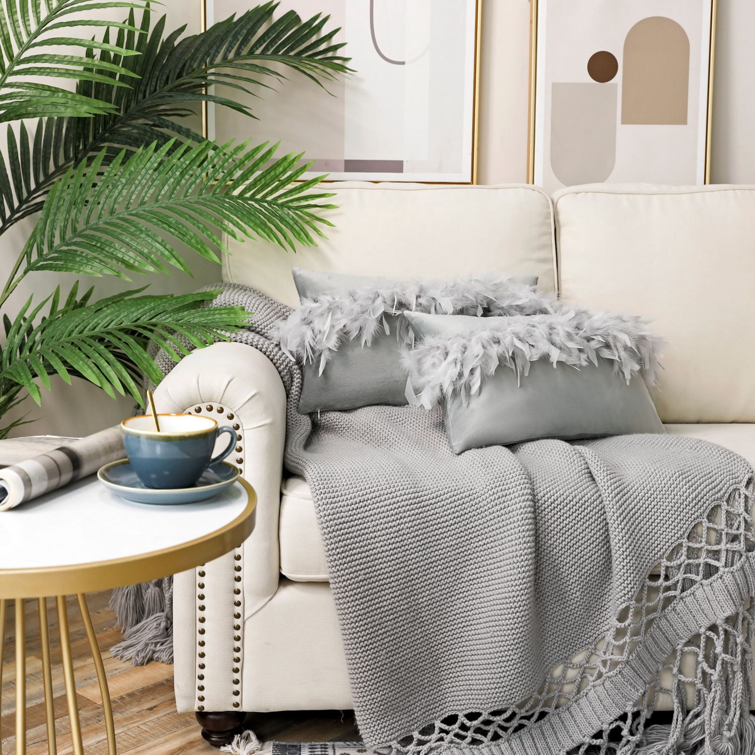 Phantoscope Feather Velvet Decorative Throw Pillows, 12 x 20 in, Light Gray, 2 Pack