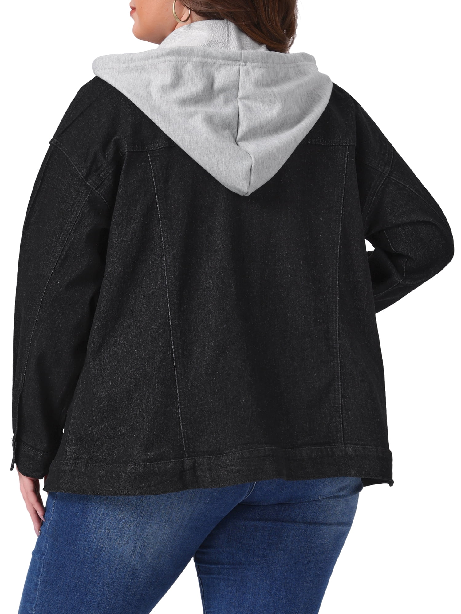 DARING DIVA Women's Plus Size Layered Drawstring Detachable Hoodie Denim Jacket 2X Black