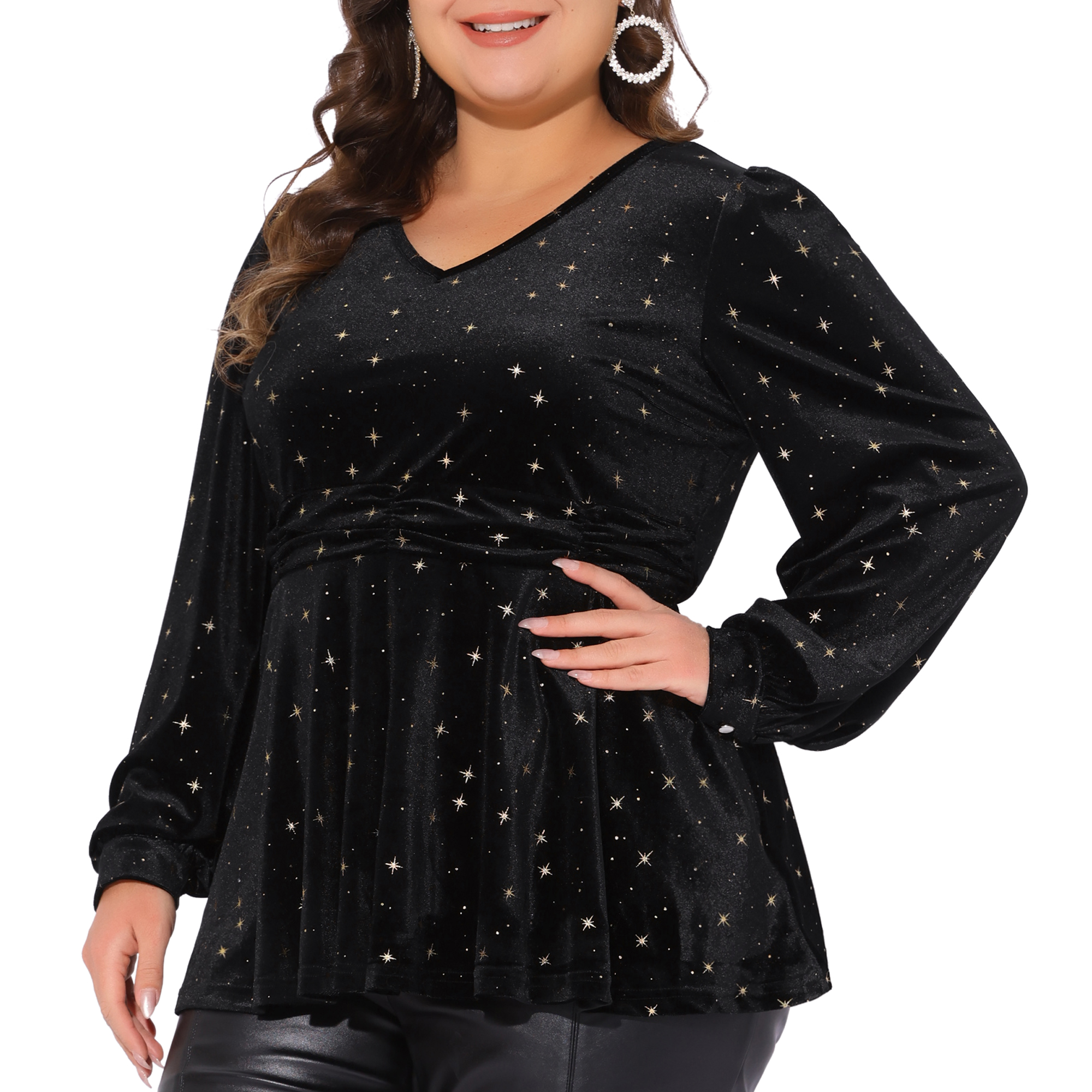 DARING DIVA Women's Plus V Neck Long Sleeve Gilding Metallic Stars Blouse 2X Black