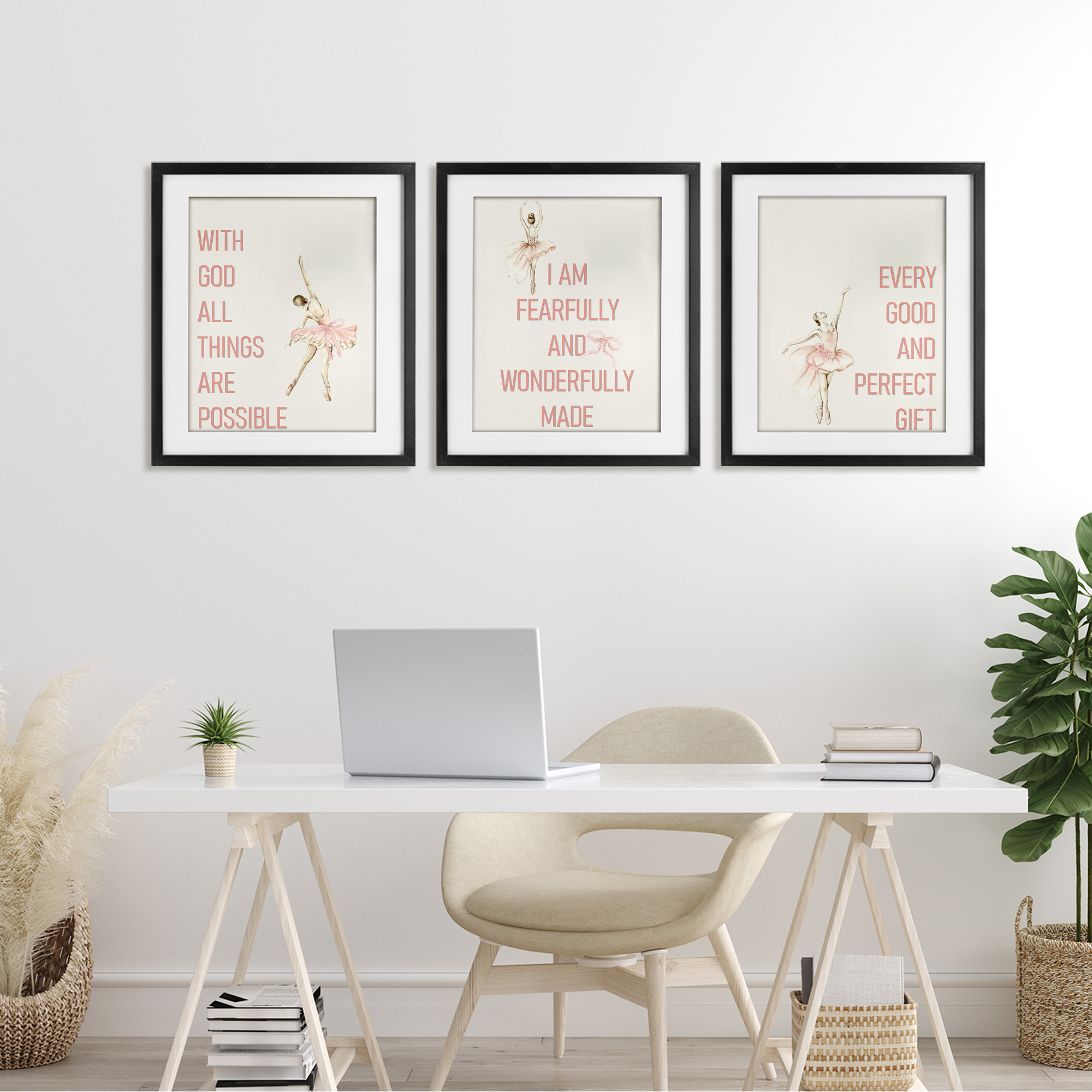 Faith Sentiments with Ballerinas 3 Piece Black Framed Print Under Glass Set, design by Kim Allen