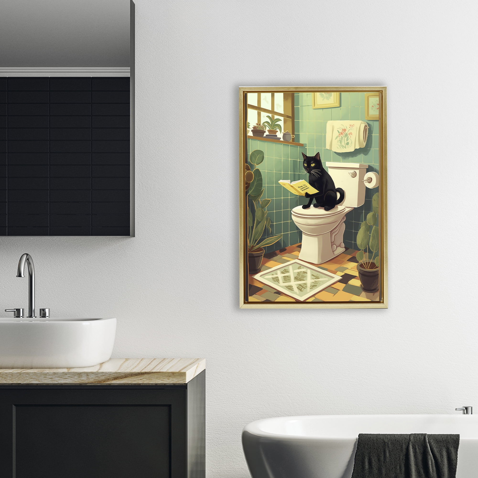 Cat Reading On Toilet Gold Framed Floater Canvas Wall Art, design by Andreas Magnusson