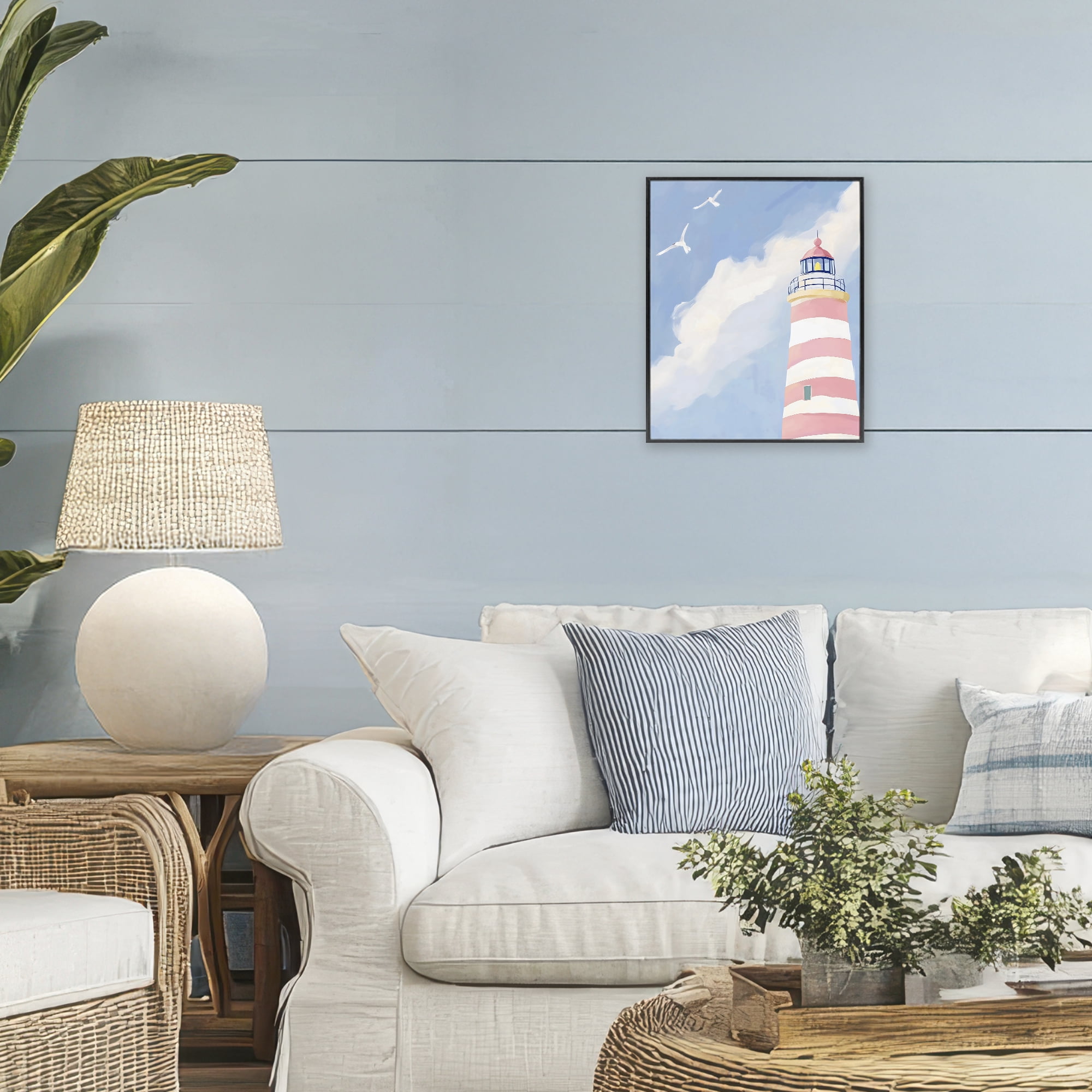 Stupell Industries Striped Lighthouse with Seagulls Black Framed Giclee Art, design by The Prints Vibe