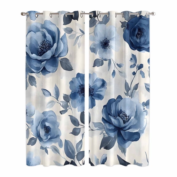 Blue Floral Kitchen Curtains 84 Inch Length, Watercolor Country Flower Pastoral Rose Grommet Top Bedroom Living Room Curtains, Light Filtering Cafe Curtain Drapes 2 Panels Set 84''x84''