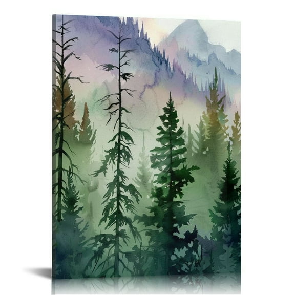 Creowell Watercolor Mountain Range Framed Canvas Wall Art, Green Forest Tree Wall Decor, Woodland Nursery Wall Painting, Modern Wilderness Art Print for Living Room, Bedroo 12x16 in
