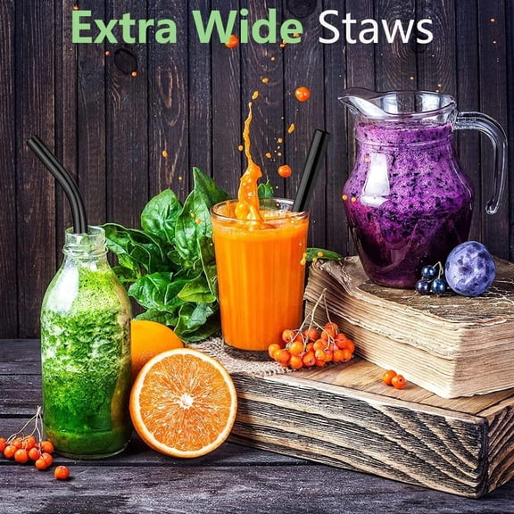 Sinvic Jumbo Smoothie and Milkshake  Black Reusable Metal Straws, 10mm Wide for Boba, 8.5 Inch Long for 30oz Tumbler, Stainless Steel, 2 Straight and 2 Bent with 1 Cleaning Brush