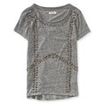 thumbnail image 1 of Aeropostale - Camiseta adornada con escote redondo y tachuelas para mujer, gris, pequeña, 1 of 2