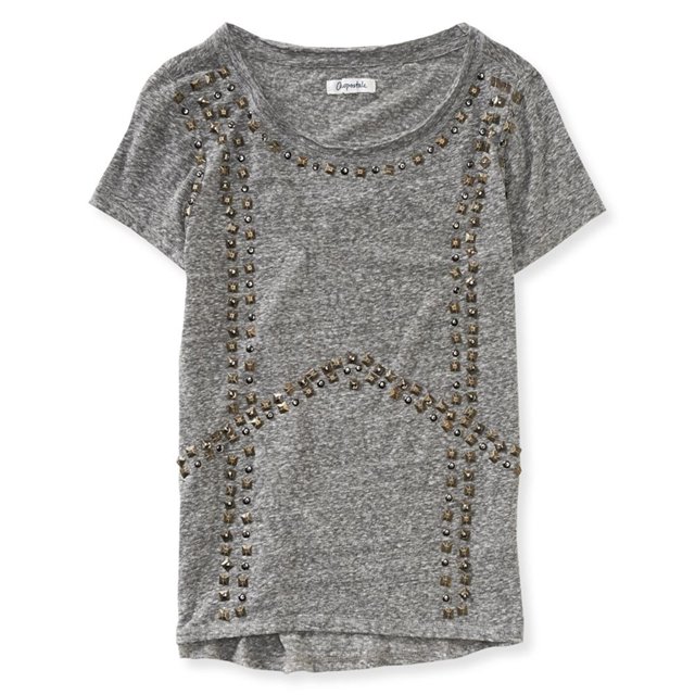 Aeropostale - Camiseta adornada con escote redondo y tachuelas para mujer, gris, pequeña