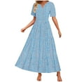 thumbnail image 2 of Horkkom Maxi Dresses for Women Summer V Neck Boho Floral Dress Short Sleeve Tiered A Line Dresses Light Blue L, 2 of 9