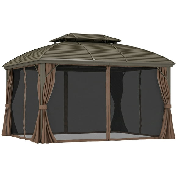 Outsunny 10' x 12' Metal Roof Hardtop Gazebo w/ Curtains & Netting, Coffee