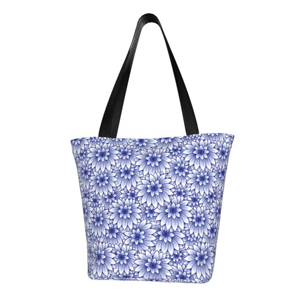 Fotbe Blue And White Flowers Bolsa de Playa con Estampado, Bolsa de Hombro, Bolsa de Mano Espaciosa, Bolsa de Viaje Ligera, Bolsa de Compras Versátil