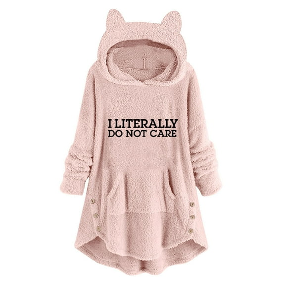 WREESH Womens Oversized Hoodies Cute Ear Hooded Fuzzy Fleece Sweatshirts Long Sleeve Printed Pullover Sided Button Tunic Tops Winter Soft Warm Coats with Pocket Pink